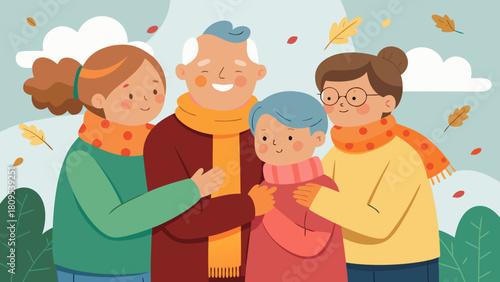 Happy multigenerational family hugging outdoors in autumn with falling leaves and warm clothes. Global Family Day