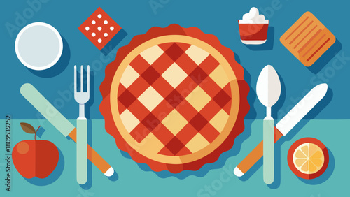 NationalFlat lay illustration of a lattice pie with utensils, fruit, and dessert items on a colorful table setting.  Pie day