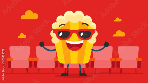 Funny popcorn character with sunglasses standing in front of cinema seats on a red background