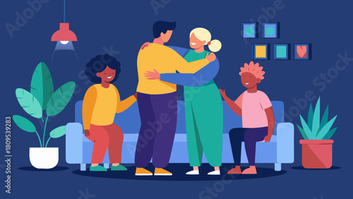 Diverse family hugging and spending time together in cozy living room with plants and warm atmosphere. National Hug Day