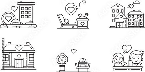 Honeymoon destination linear vector icon concept of vacation hotel and sightseeing