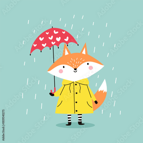 Cute flat vector illustration. A cute fox cub in a yellow raincoat stands in the rain with an umbrella with hearts on it. Vector illustration