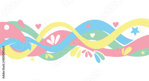 Pastel swirls, gentle curves, whimsical motifs, delicate shapes and playful color palette evoking lighthearted joy in a decorative design element