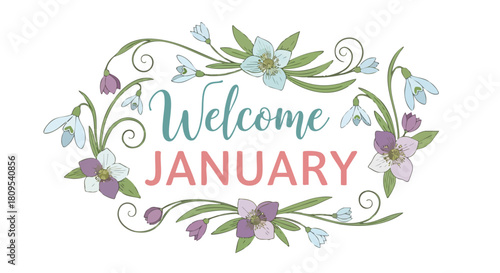 Floral Greeting Card Featuring 'Welcome January' with Delicate Botanical Accents and Pastel Colors