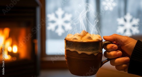 Cozy Hot Cocoa by Fireplace with Falling Snow View