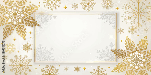 Vector christmas a golden frame surrounded by golden snowflakes and small stars on a light background creates a festive scene