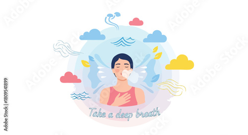 Illustration depicting a person taking a deep breath surrounded by nature elements, promoting relaxation and wellness concept