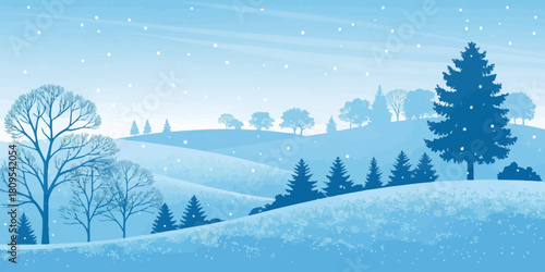 Vector christmas a winter landscape with snow falling on trees and hills in shades of blue and white creating a serene scene