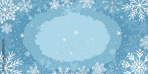 Vector christmas a winter background with a border of snowflakes in shades of blue and white with a light blue center