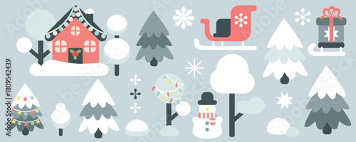 Large winter set. House with snowy trees, snowman under tree, sled, gift box and decorated Christmas trees. Perfect for holiday banners, cards, invitations, advertising and Christmas promo designs