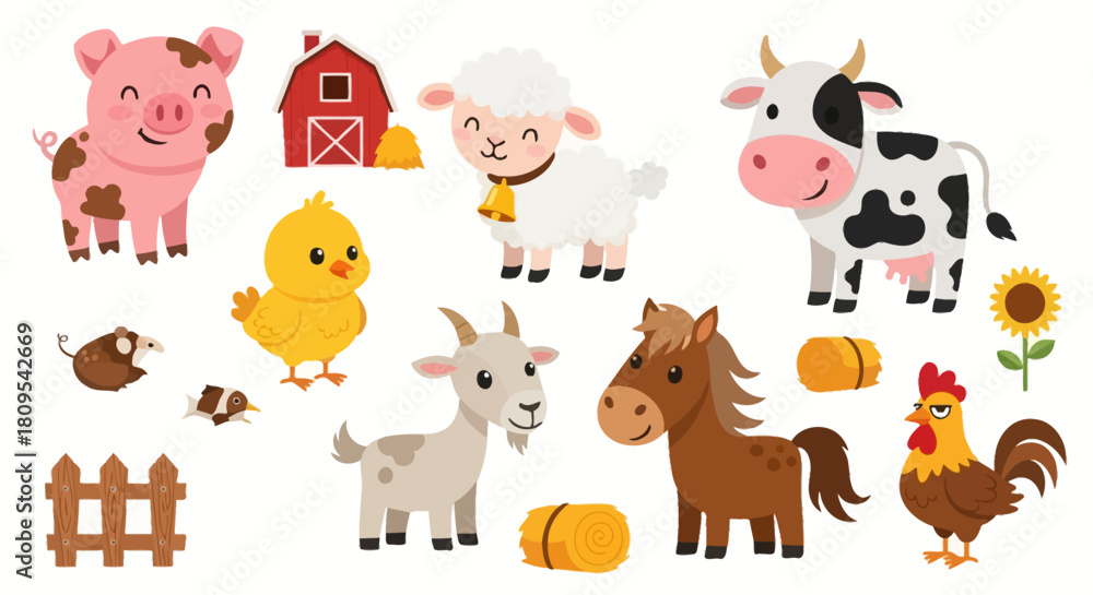 Fototapeta premium Cartoon farm animals including pig, cow, sheep, horse, chicken, goat, and barn.