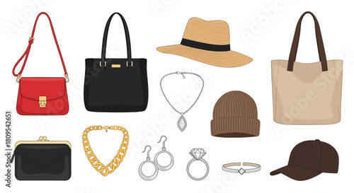 Collection of fashion accessories: bags, hats, jewelry, and more.