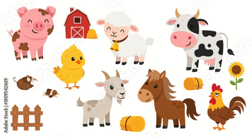 Cartoon farm animals including pig, cow, sheep, horse, chicken, goat, and barn.