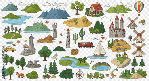 Camping gear icons: tent, fire, backpack, sleeping bag, compass, map, thermos, flashlight, axe, chair, table, stove.