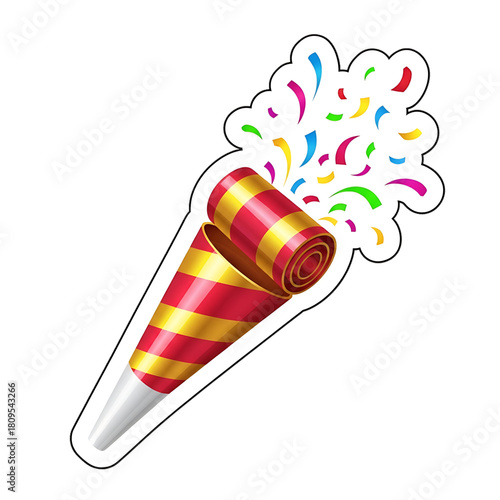A festive party popper icon bursting with bright confetti streamers.