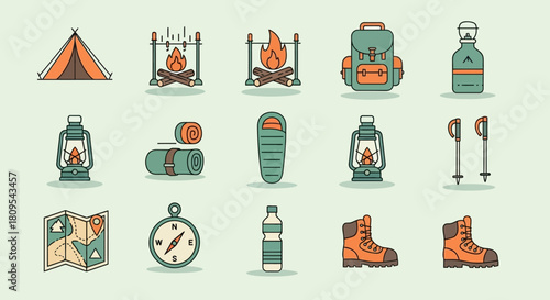 Camping gear icons: tent, fire, backpack, sleeping bag, compass, map, thermos, flashlight, axe, chair, table, stove.