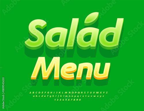 Vector template Salad Menu for Food Bar, Restaurant, Cafe. Modern 3D Font. Green Stylish Alphabet Letters and Numbers set