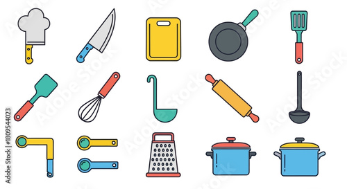 Camping gear icons: tent, fire, backpack, sleeping bag, compass, map, thermos, flashlight, axe, chair, table, stove.