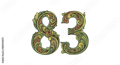 Ornate Floral Number Eighty-Three Decorative Design for Celebrations and Events Invitations or Announcements