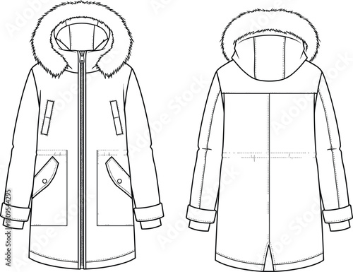 Flat vector technical fashion sketch of winter parka coat, front and back view, hooded design, fur trim, garment illustration