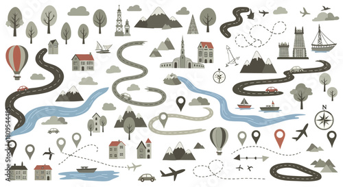 Camping gear icons: tent, fire, backpack, sleeping bag, compass, map, thermos, flashlight, axe, chair, table, stove.