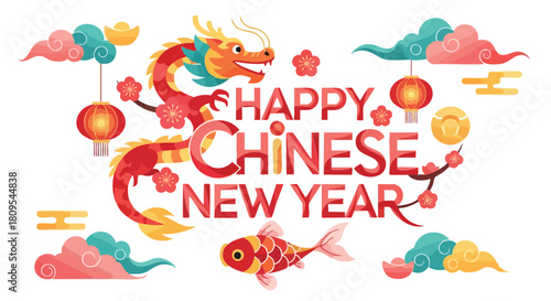 Festive Illustration Celebrating Chinese Lunar New Year with Dragon and Traditional Symbols