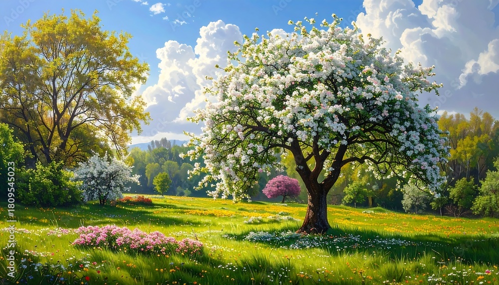 Fototapeta premium Lush meadow with blooming trees and vibrant flowers under a bright sky.