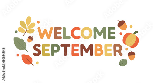 Cheerful autumnal scene celebrating the arrival of September with whimsical leaves and seasonal elements in a charming design