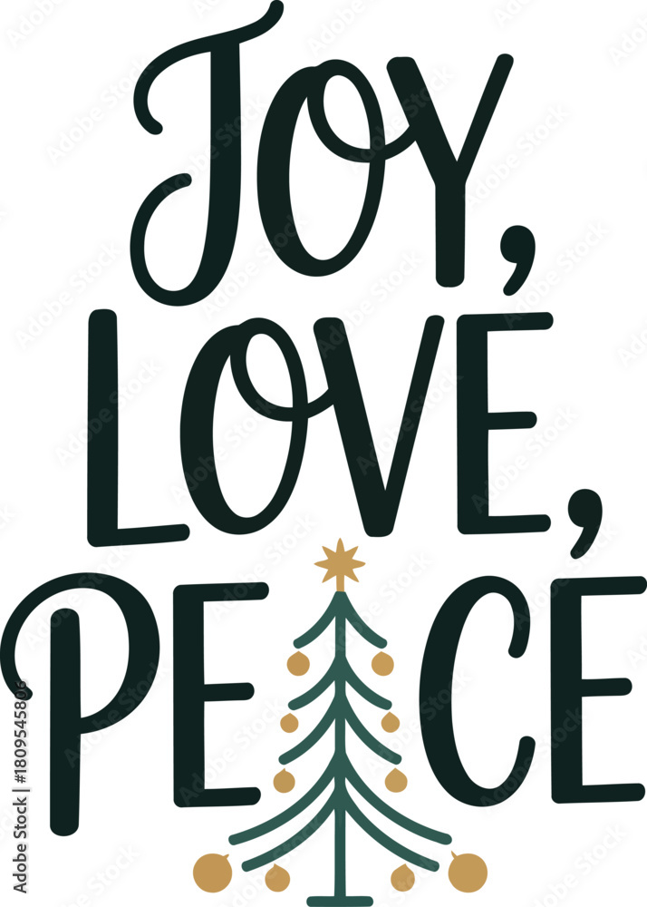Naklejka premium Joy love peace christmas tree typography