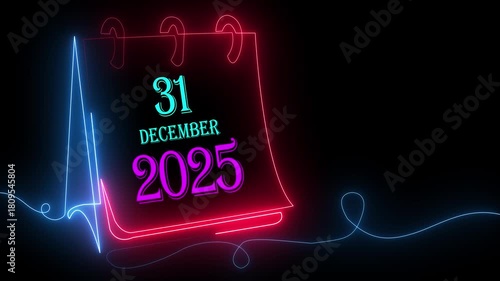 Neon Glowing Calendar Art Showing 31 December 2025 Countdown. Futuristic New Year Party Night Celebration Poster, Festival Greeting Card Template and Event Banner Design.