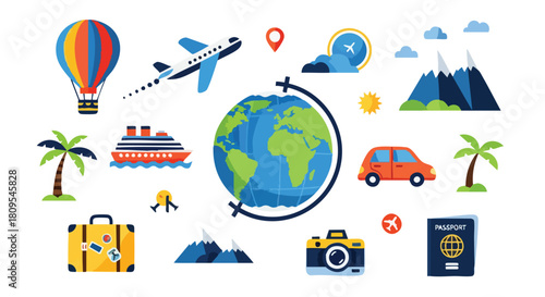 Diverse travel icons compilation representing global exploration and vacation adventures with various transportation and destination elements
