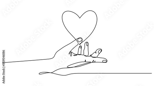 Animated self drawing of continuous line draw. hands holding heart. Charity donation linear concept animation