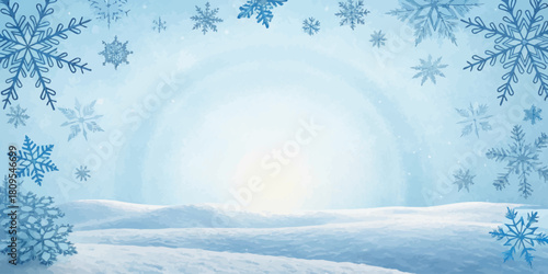 Vector christmas a winter scene with snow covered hills and snowflakes falling from the sky in a light blue color scheme