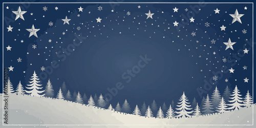 Vector christmas winter scene with white christmas trees on snow covered hills under a starry night sky with snowflakes falling