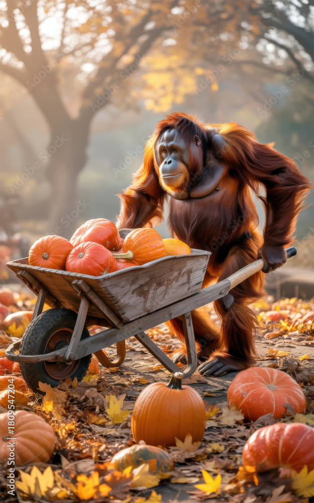 Obraz premium Adorable orangutan pushing wheelbarrow full of pumpkins through colorful autumn leaves, creating a whimsical fall harvest scene with a touch of fantasy