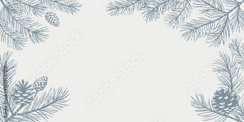 Vector christmas delicate pine branches and cones frame a light background creating a wintery seasonal border design