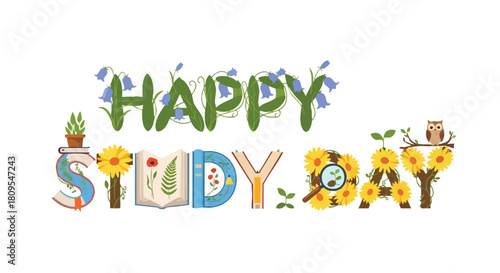 Floral Typography Displaying Happy Study Day with Botanical and Scholarly Elements for Educational Designs