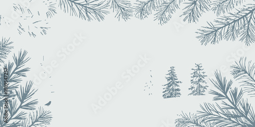 Vector christmas delicate winter scene with pine branches framing a serene landscape and small bird silhouette resting near trees