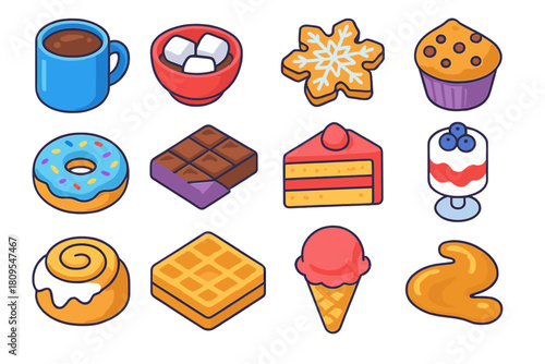 Winter Sweet Icons. Winter Sweet Treats flat icons set. hot cocoa mug, marshmallows, chocolate bar, snowflake cookie, donut, cake slice, berry parfait, muffin, cinnamon roll