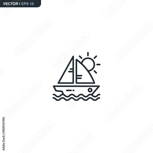 Line Art Sailboat on Waves with Sun Icon