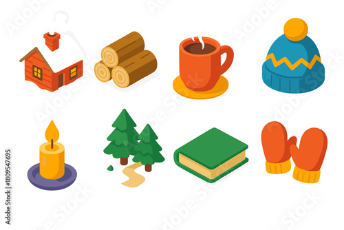 Cozy Cabin Icons. Cozy Cabin Weekend flat icons set. snowy cabin, firewood, hot drink, knit hat, candlelight, forest trail, book, mittens