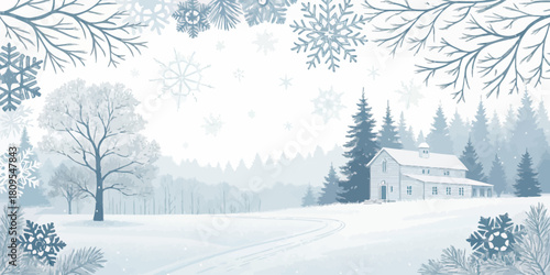 Vector christmas winter landscape with a snow covered barn, trees, and snowflakes falling in a serene and peaceful scenery