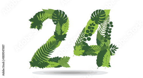 Botanical Numerical Artwork: Decorative Number Twenty Four Constructed from Fresh Green Leaves, on a White Backdrop, isolated and stylized