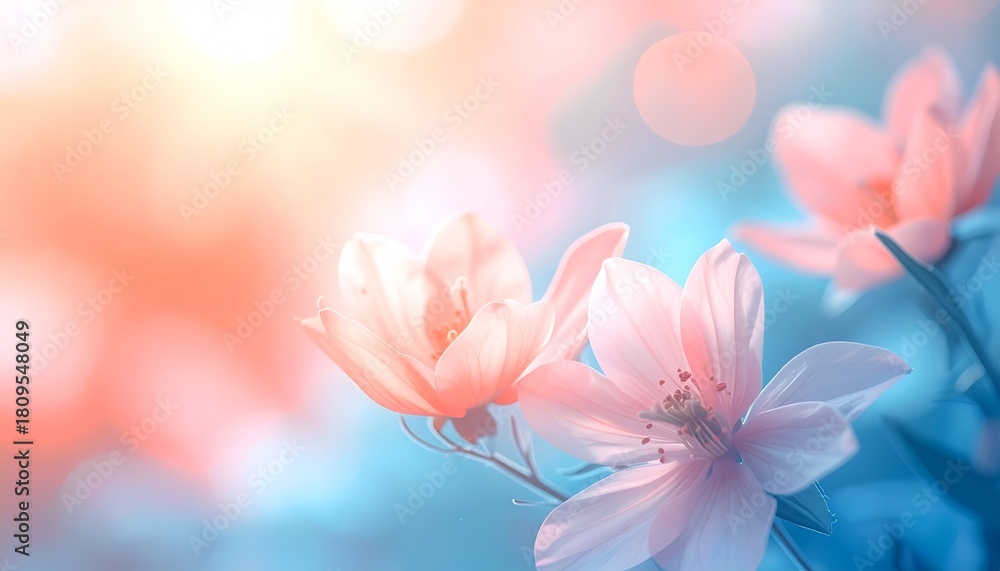 Fototapeta premium Soft-focus view of delicate, pale pink flowers against a dreamy, bokeh-filled backdrop