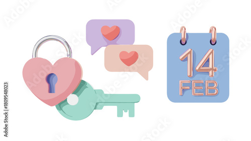 Valentine's Day concept featuring a heart-shaped lock and key, speech bubbles with hearts, and a calendar.