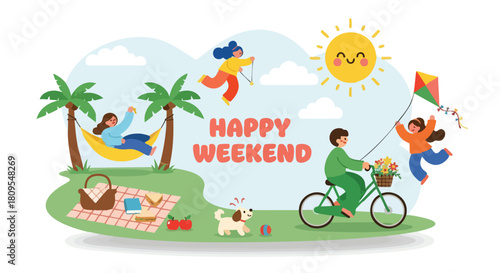Delightful weekend scene featuring family leisure activities under a cheerful sun and blue skies, holiday vacation vector illustration, relaxation