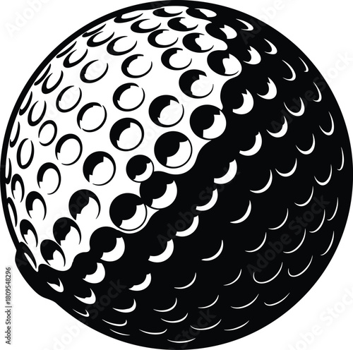 Flat vector black and white golf ball illustration, sports equipment, dimple texture, minimal design, realistic shading, athletic graphic icon