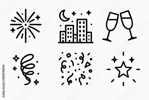 Midnight Celebration Icons. Midnight Sky Celebration linear icon set. fireworks burst, starry night, city lights, champagne toast, ribbon swirl, confetti rain, glow, heart