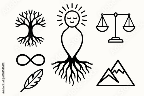 Symbolic Element Icons. Centered Spirit linear icon set. tree roots, balanced scale, infinity loop, feather, mountain peak, light aura