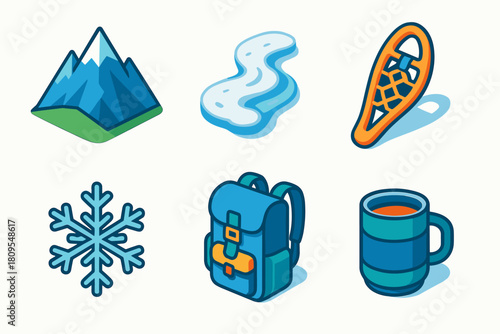 Mountain Adventure Icons. Mountain Chill flat icons set. alpine peak, frozen stream, snowshoe, backpack, frost crystal, thermos cup